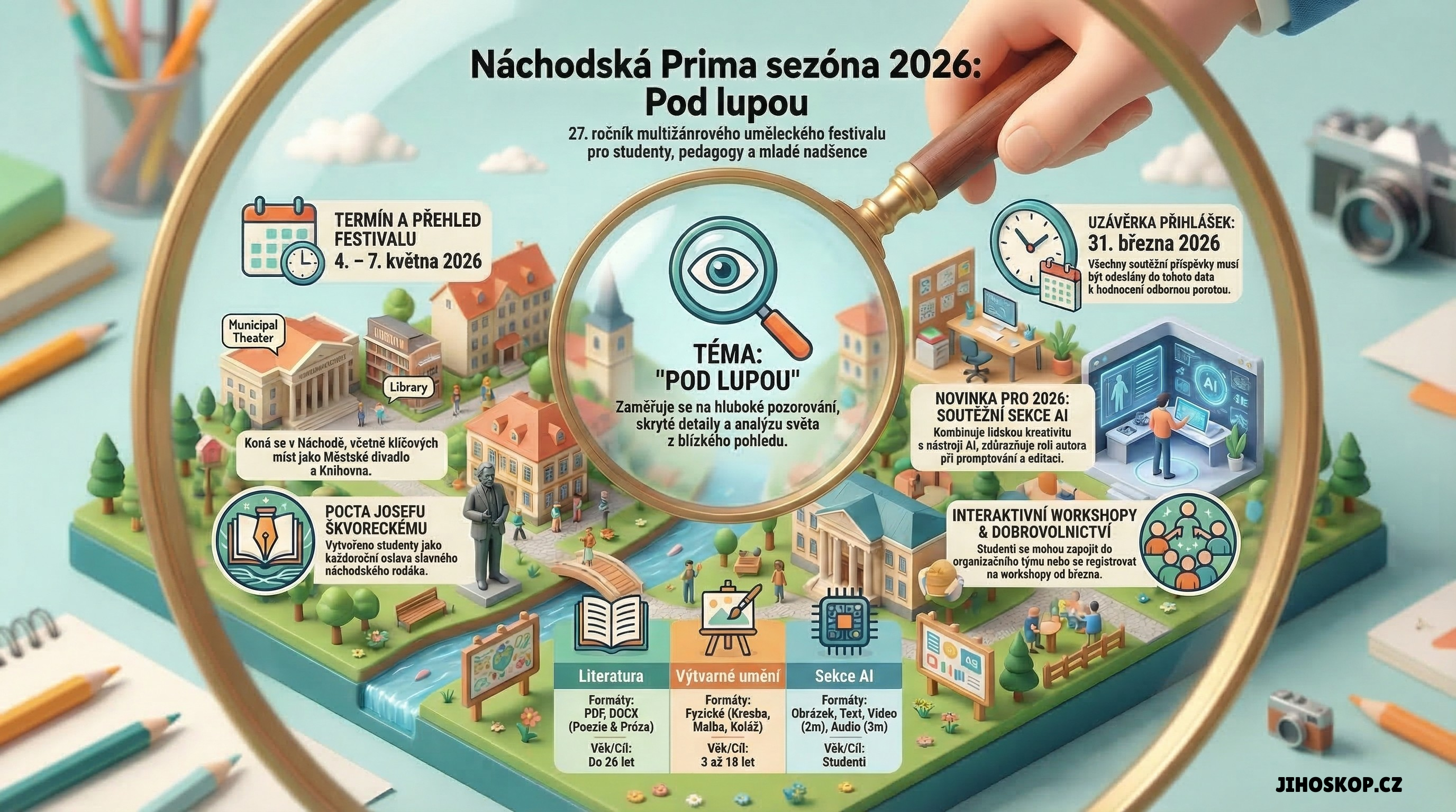 Infografika k 27. ročníku Náchodské Primy sezóny 2026 Infografika festivalu Náchodská Prima sezóna 2026 s termínem, tématem Pod lupou, uzávěrkou přihlášek a přehledem sekcí.